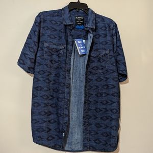KAVU Prime Time Denim Short Sleeve Shirt Summer Lightweight Button Up Size S NEW